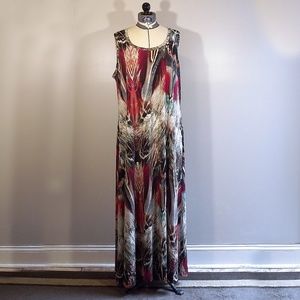 Calvin Klein red and tan feather print maxi dress